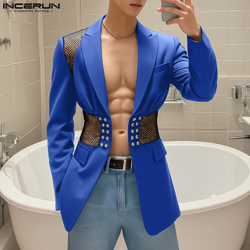 INCERUN Tops American Style Sexy Fashion Men's Nail Punched Mesh Hollowed Suit Coat Casual Clubwear Hot Sale Long Sleeved Blazer