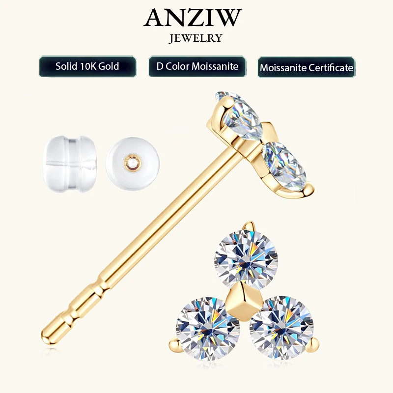 

10K Solid Gold Moissanite Stud Earrings Mini 3 Stones Piercing Earrings for Women Men Gifts Fine Gold Jewelry with Certificate
