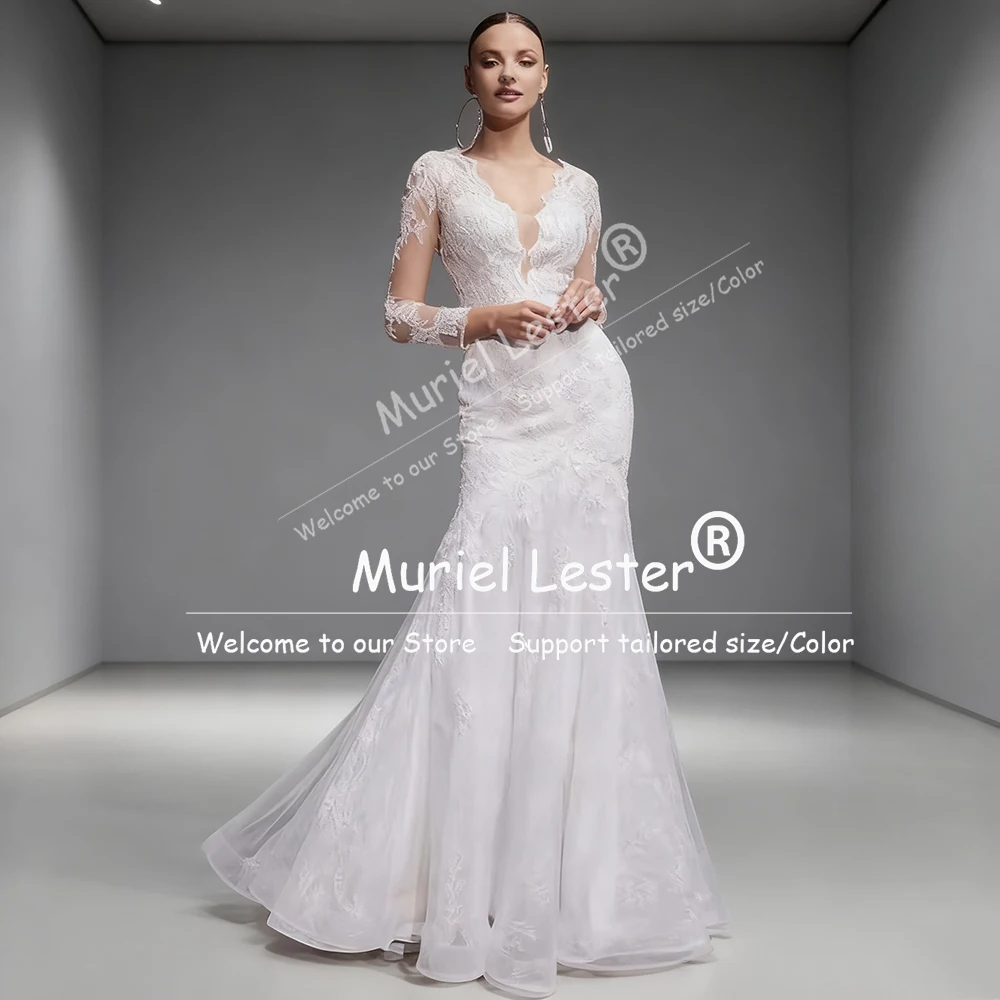 럭셔리 레이스 아플리케 백리스 웨딩 드레스, 신부를 위한 일루젼 롱 슬리브 머메이드 브라이덜 가운, 맞춤형 여성 파티 의상