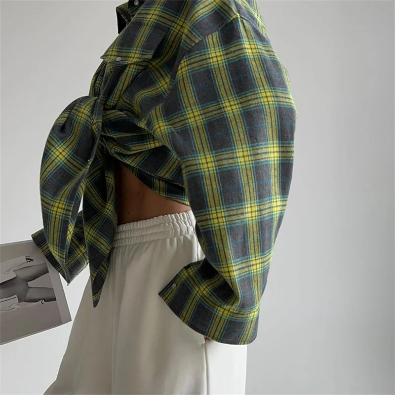 Vintage Plaid Loose Blouse Women Autumn Spring Lapel Buttons Long Sleeve Pocket Shirt Korean Fashion Casual Clothes Streetwear