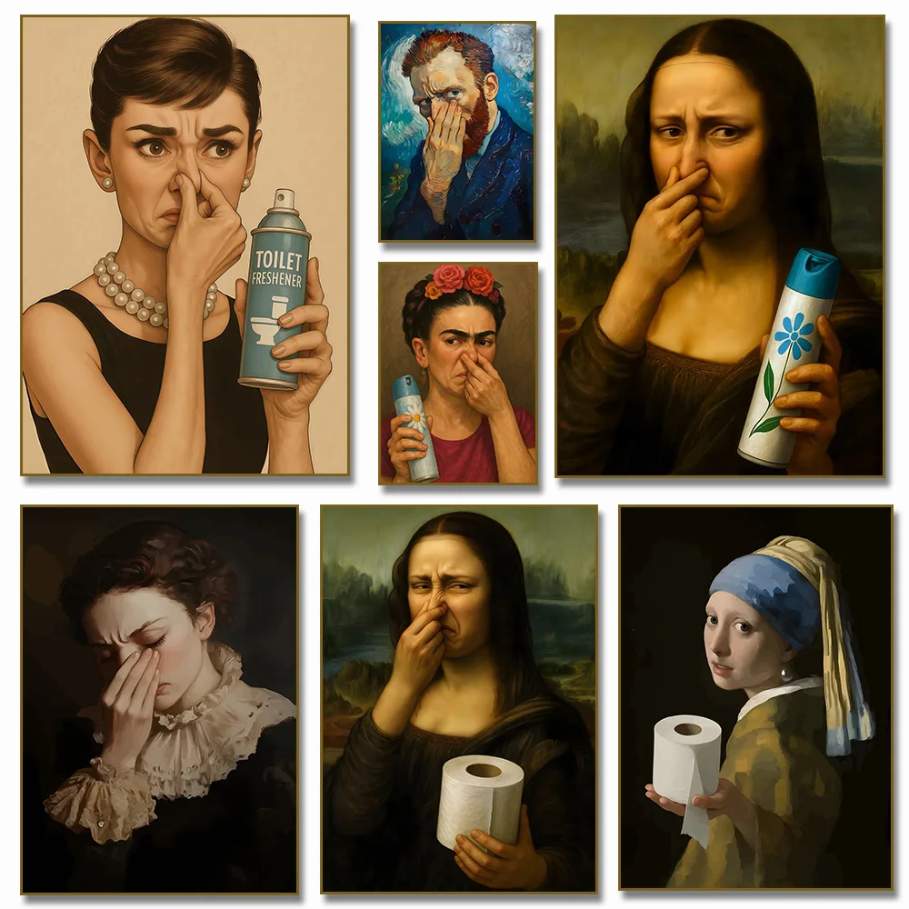 Mona Lisa Hepburn Woman Holds Nose in Bathroom Humor Funny Bathroom Toilet Poster Canvas Painting Print Wall Art Home Decor