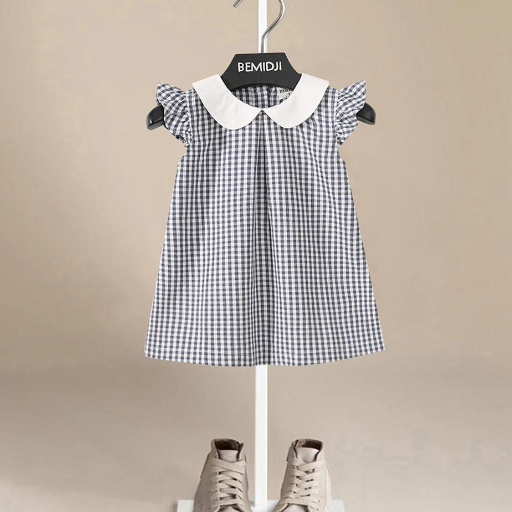 2026 Summer New Children Sleeveless Pastoral Style Clothes  Loose Plaid Suit Girls Cotton Lapel Vest Dress Kids Outfits