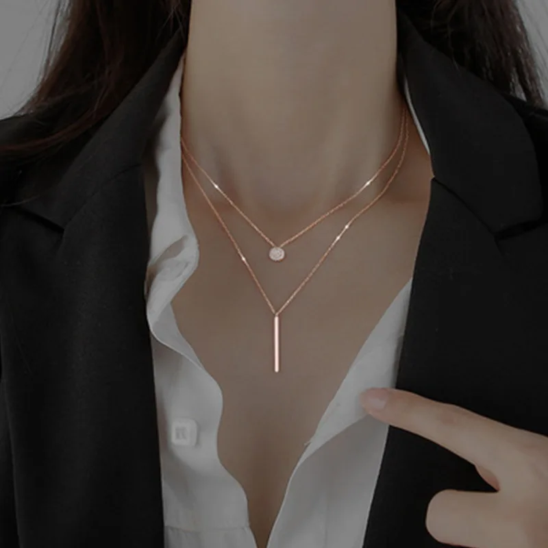 Classic trend multi-layer clavicle chain ladies simple temperament necklace square strip round double-layer pendant gift