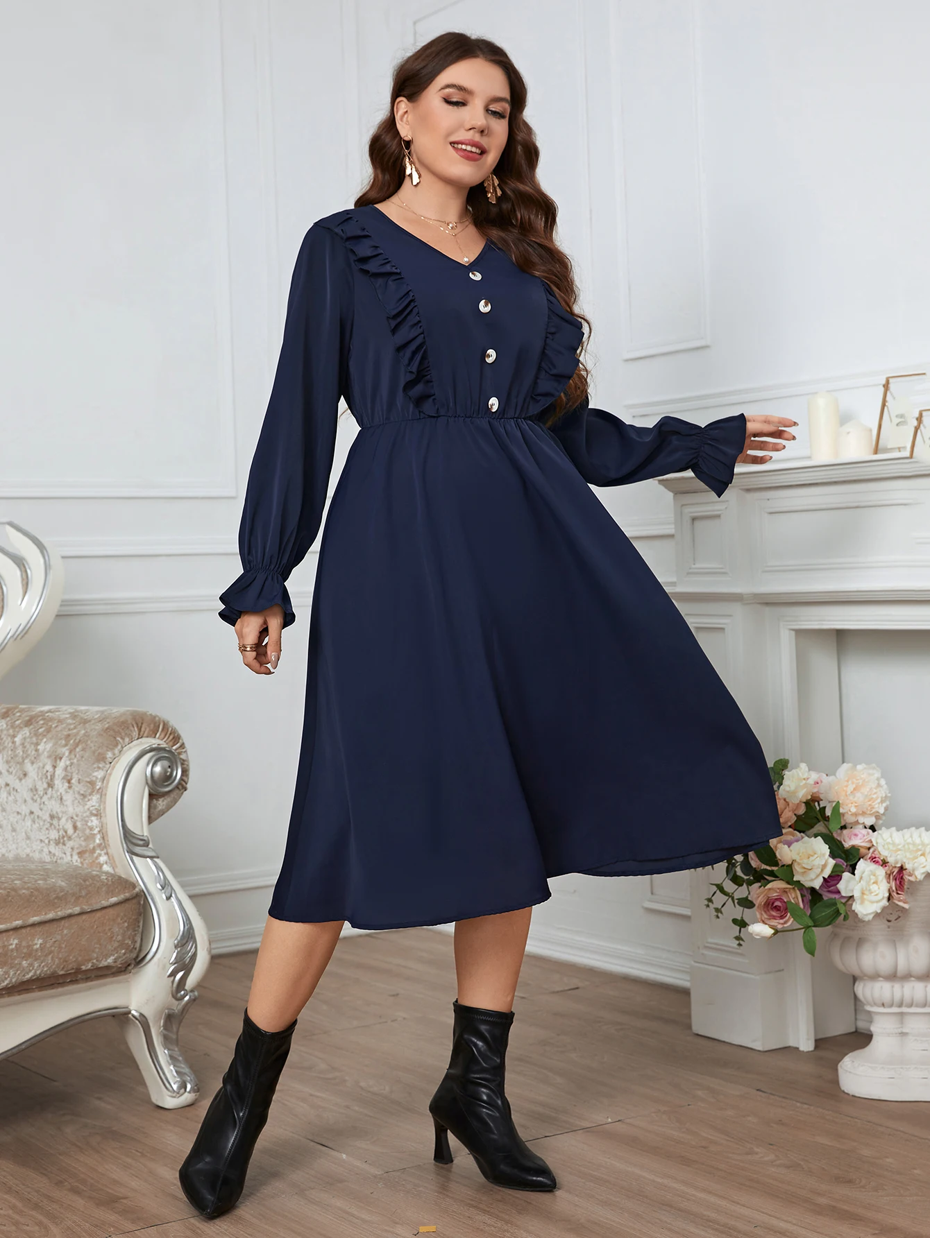 Women\'s Casual Puff Long Sleeve Midi Dress Lady Party Dresses Plus Size Solid Color Fashion Clothing 3XL 4XL