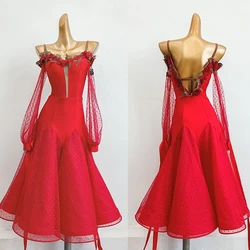 2024 Ballroom Dance Competition Dress For Women Red Embroidered Strapless Waltz Standard Dancing Dress Modern Dance Wear DN4885