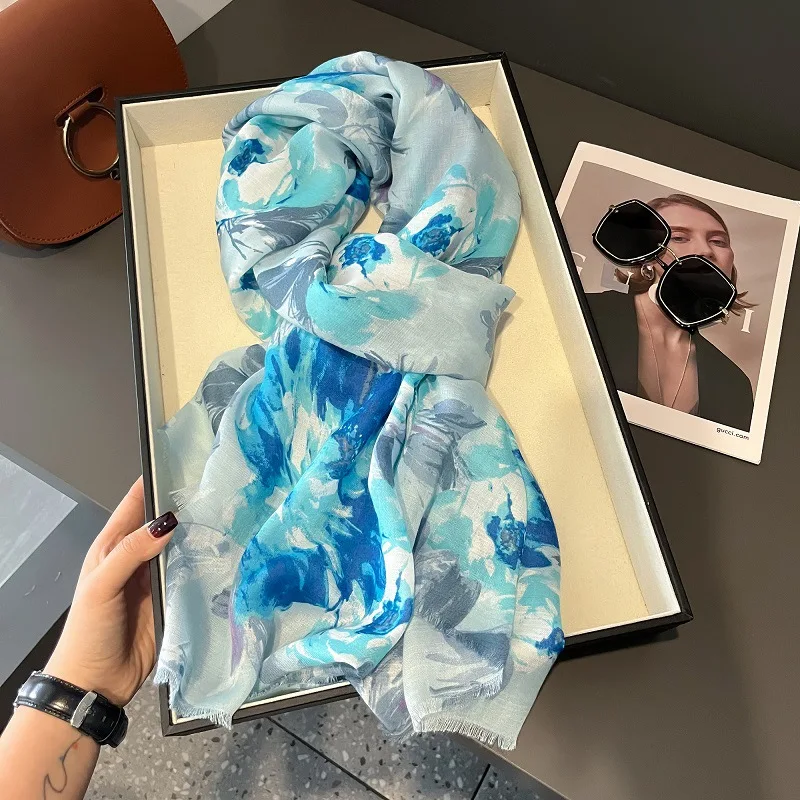 Lurex Glitter Ink Painting Floral Fringe Viscose Shawl Scarf Lady High Quality Wrap Pashmina Stole Bufandas Muslim Hijab Sjaal