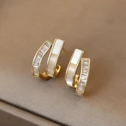 2024 New Design Shell Zircon Arc Metal Stud Earrings For Woman Korean Fashion Jewelry Party Student Girls Elegant Accessories