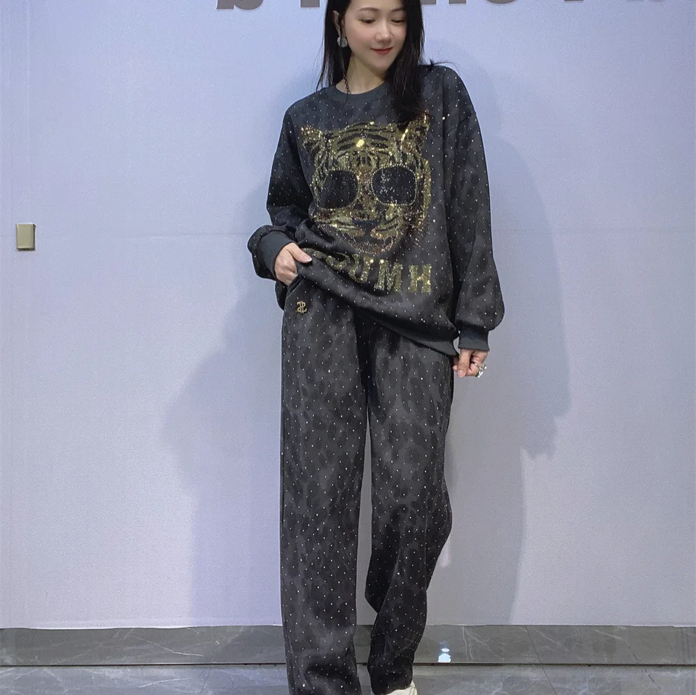 الاستبداد النمر رئيس الساخن الحفر المرأة قطعتين مجموعة الخريف طويلة الأكمام س الرقبة كنزة قطيفة + السراويل المستقيمة غير رسمية #3