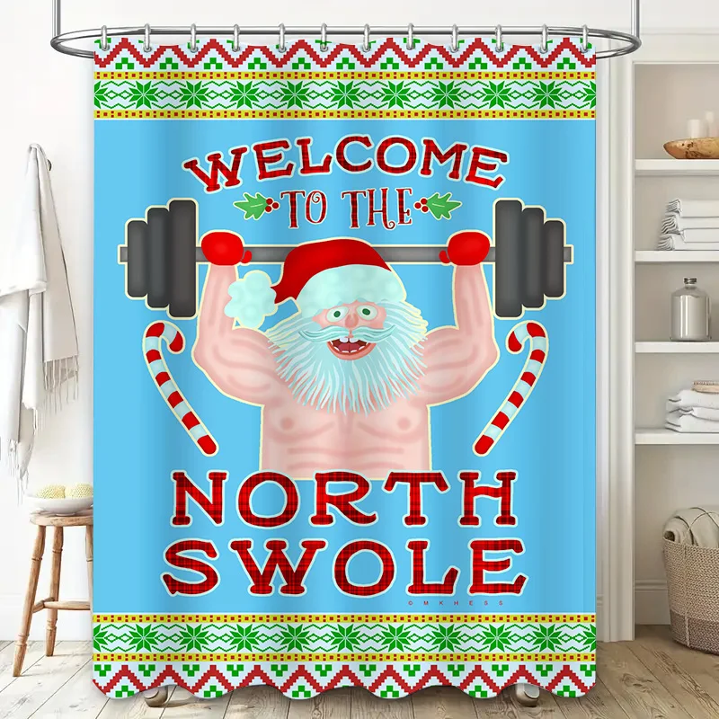 Festive Fitness Fun: 'Welcome to the North Swole' Christmas Shower Curtain for a Humorous and Festive Bathroom Décor