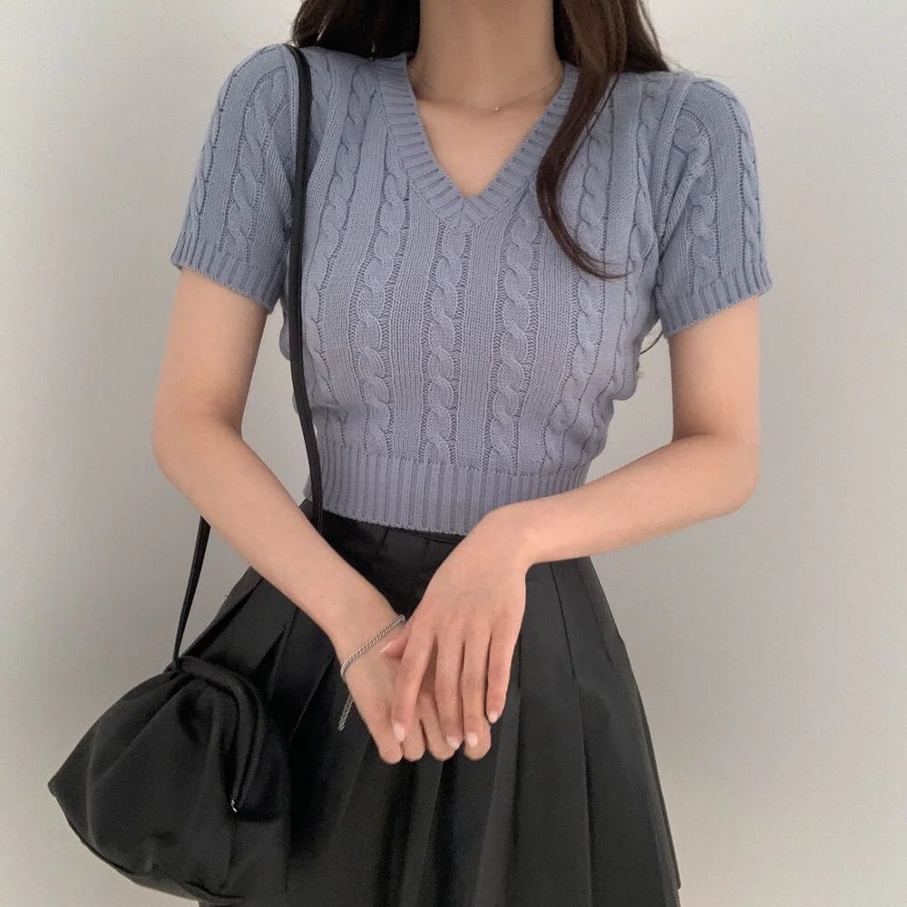 Korean Simple V-neck Knitted Slim Short-sleeved Top for Women Crop Top