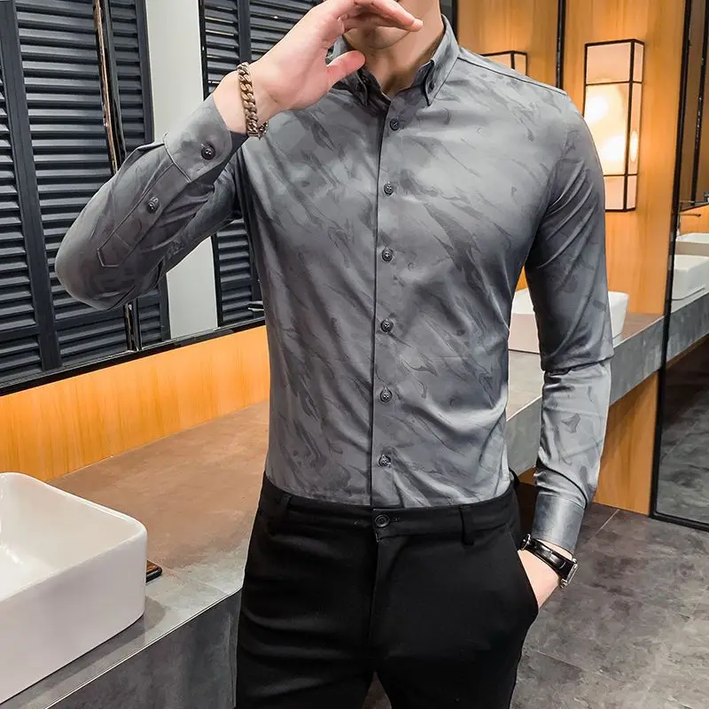 Spring Summer Men's Slim Fit Long Sleeve Shirt New Business British Style Fashion Printed Casual Shirt