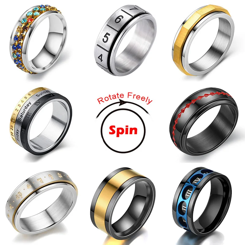 Stainless Steel Roman Numbers Rotating Anxiety Fidget Ring For Men Women Stylish Punk Spinning Spinner Anti Stress Rings Jewelry