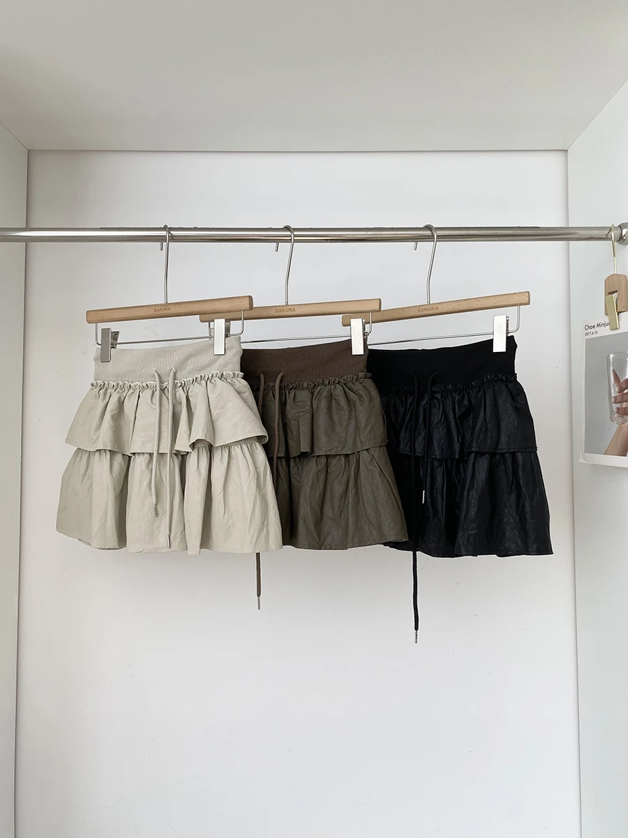 

Pure Color PU Leather Skirt High Waist Cake Sle Women's Slimming Crossbody Commuter Friendly Dstring Trousers
