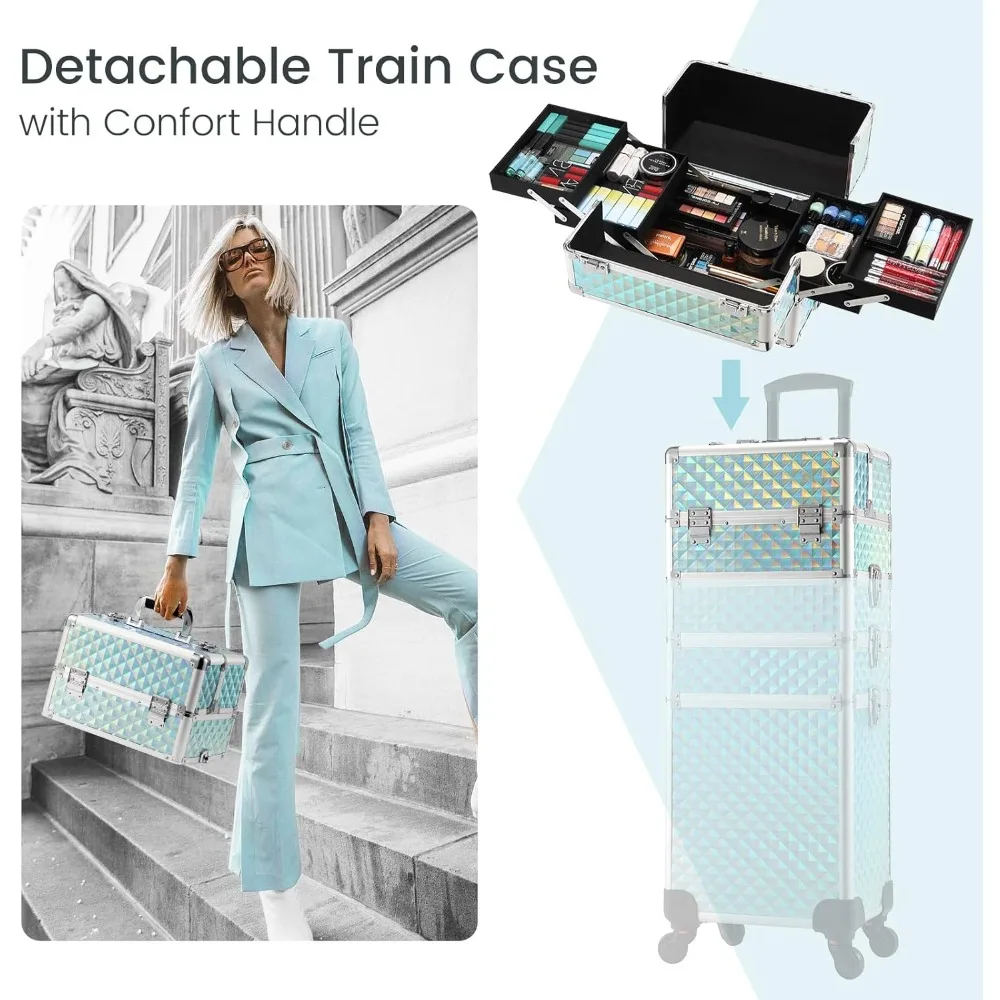 4-in-1 Rolling Makeup Case with Wheels: Portable Cosmetic Trolley for Makeup Artists, Hairstylists, Nail Technicians, and Salon