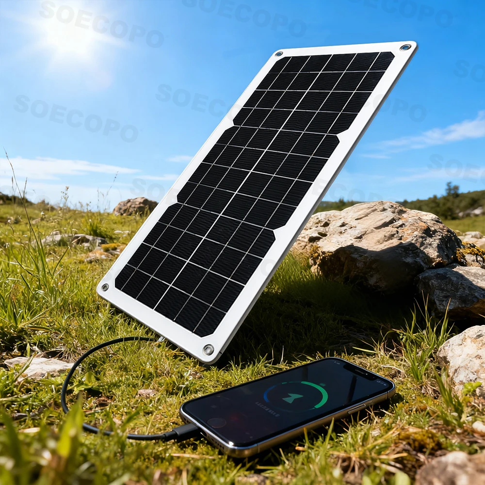 SOECOPO 150 W monokristallines Solarpanel mit USB/Typ-C/DC-Dreifach-Ausgang für Camping/Wohnmobil/Notstrom