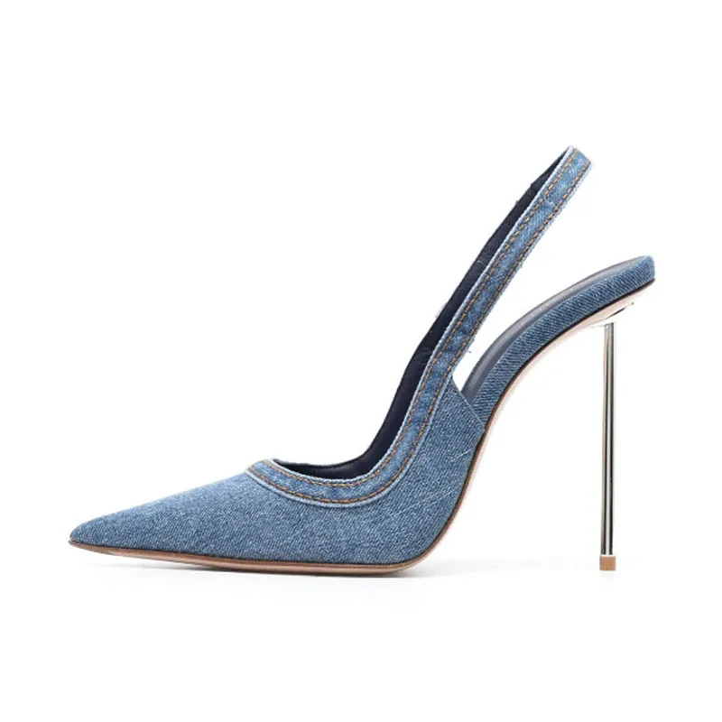 

Blue Denim Bun Sandals Women's Thin Heels Summer Pointed High Heels, Metal Heels, Back Strap, Shallow Cut Women's Shoes