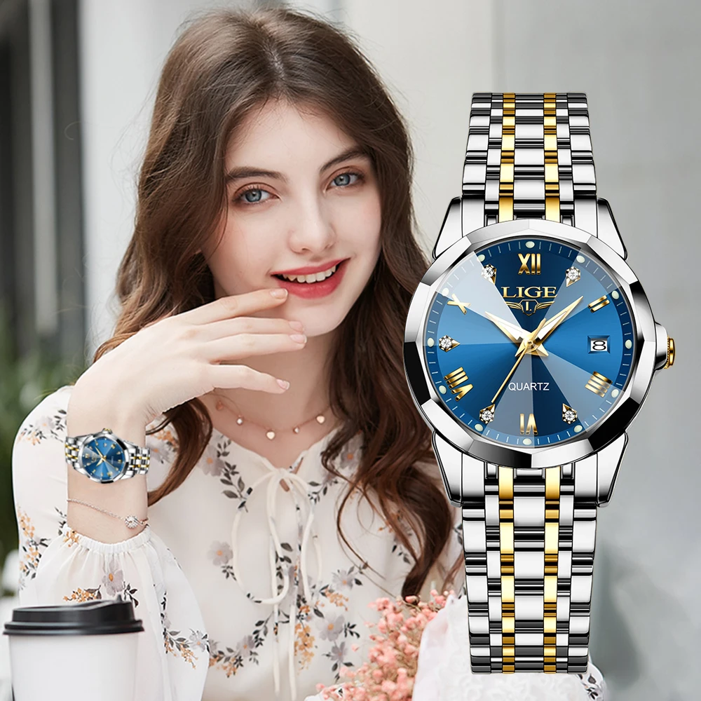 LIGE Top Orologio elegante di lusso da donna Orologio da donna impermeabile con data luminosa Orologio da donna al quarzo in acciaio inossidabile Ragazza Reloj