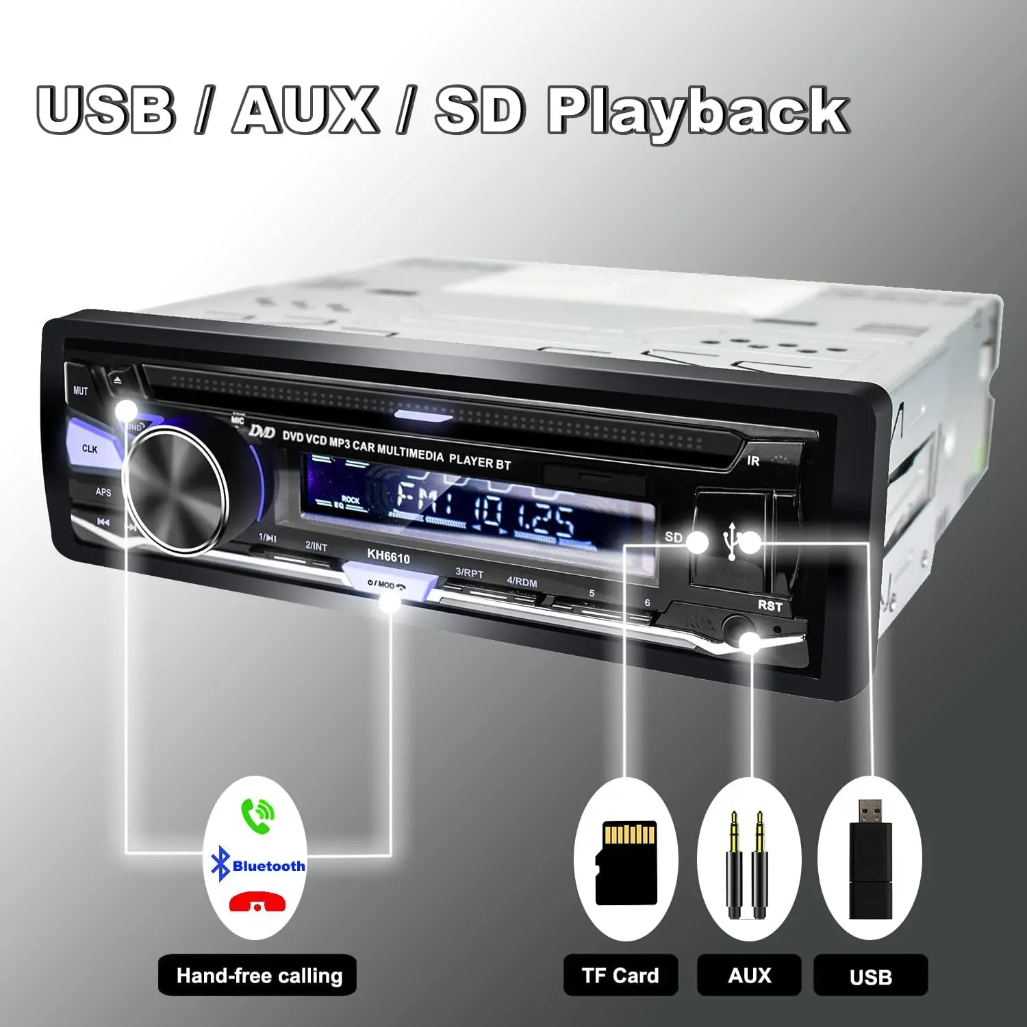 Autoradio singolo Din con lettore CD/DVD |   Bluetooth |   Radio FM/AM/RDS |   Ricevitore audio USB SD AUX