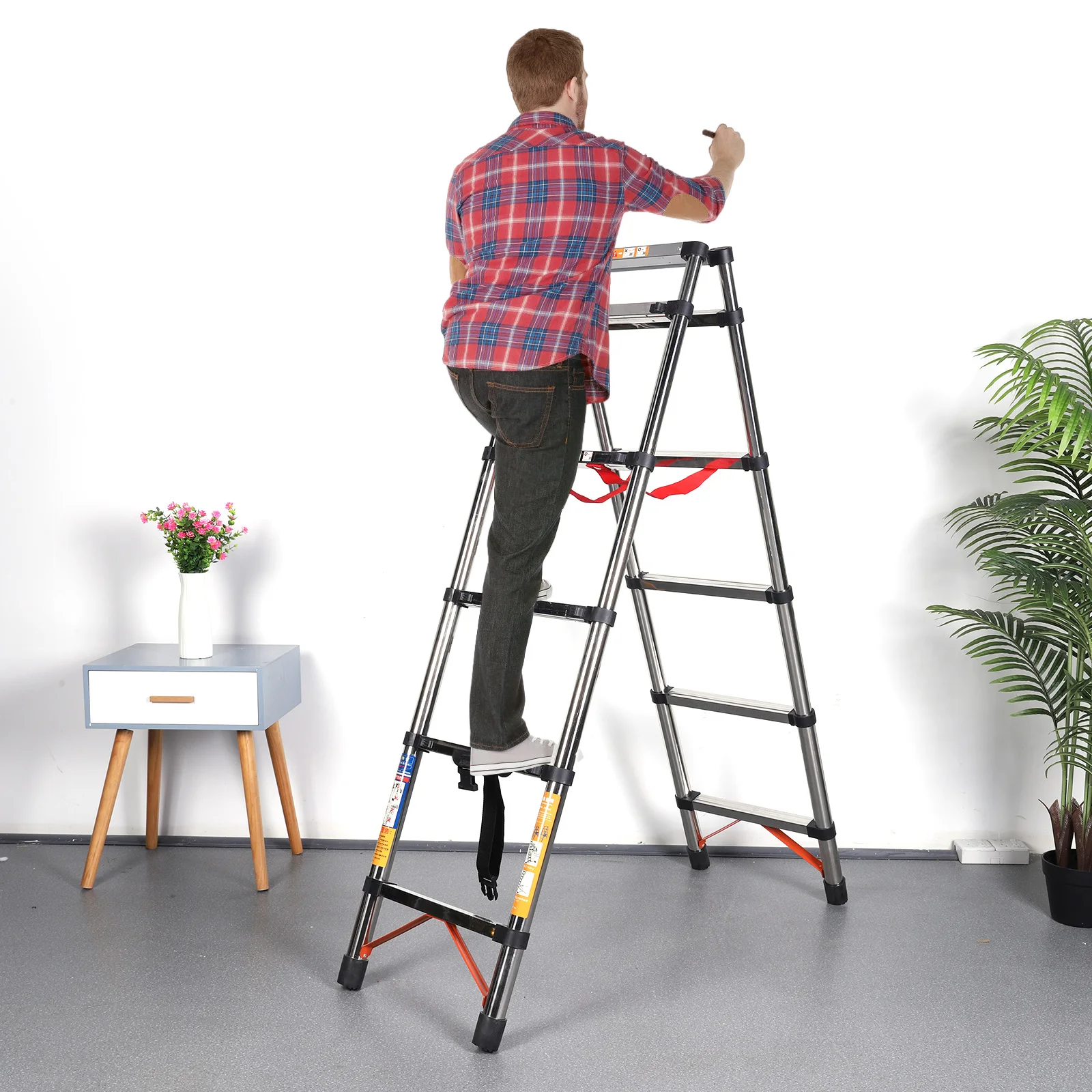 5 Step Telescopic Ladder Folding Step Stool Anti-Slip Pedals Heavy-Duty Steel Ladder Collapsible Ladder for Home RV Outdoor