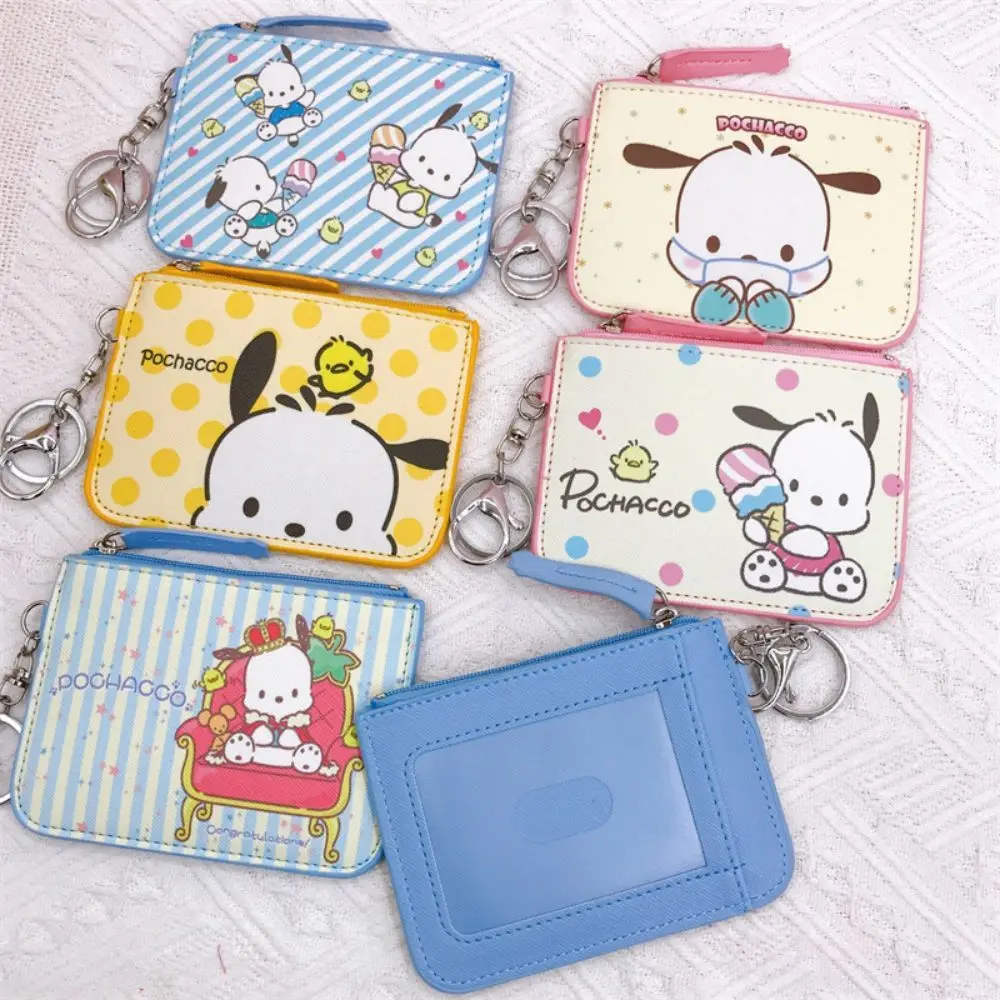 Pochacco Wallet PU Leather Sanrio Card Holder Women Girls Zipper Change Purse Students Mini Key Card Bag With Keychain Coin Bag