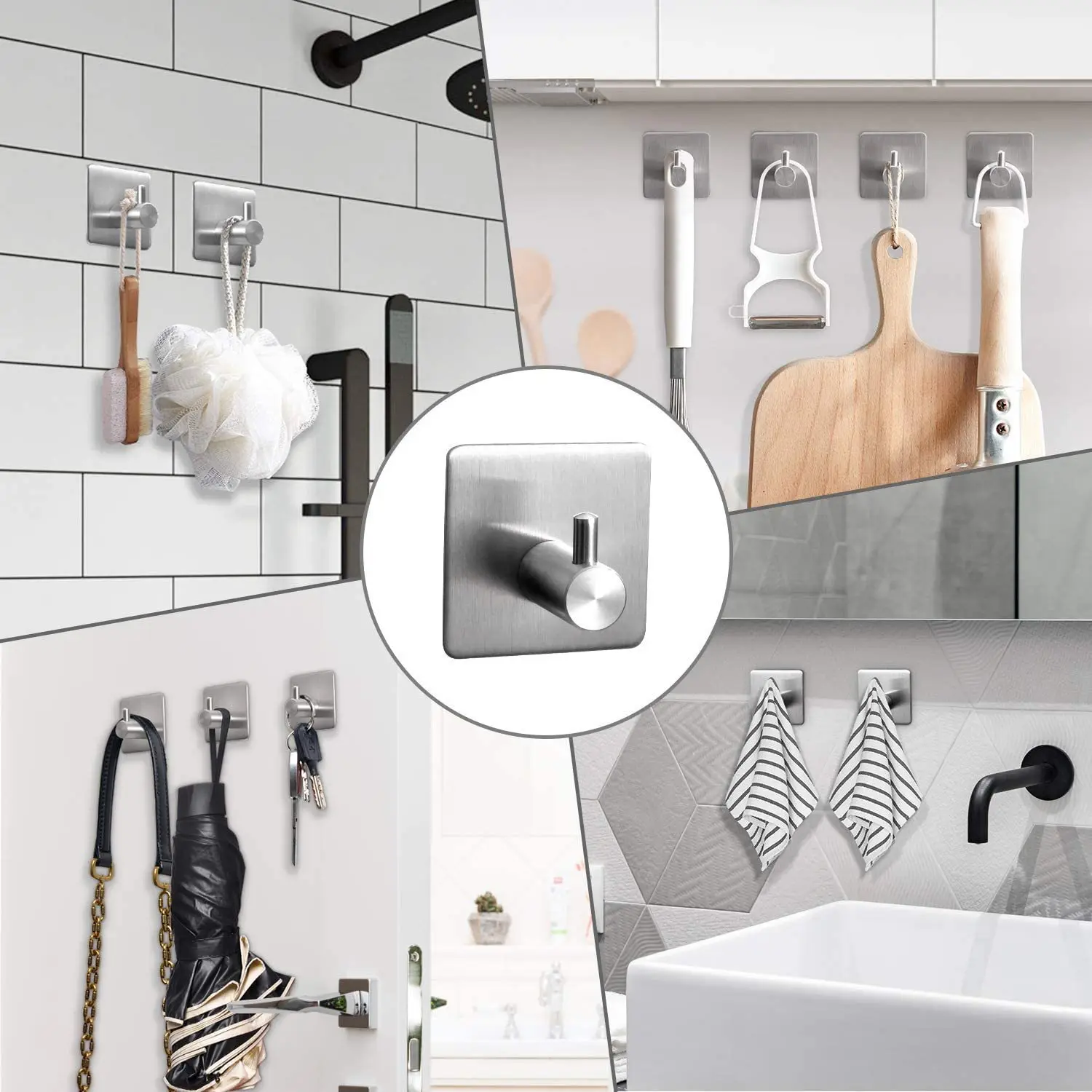 4pcs Adhesive Heavy Duty Wall Hooks, Stainless Steel Wall Hooks – Multi-Use Hangers for Coats, Towels, Bathrooms & Bedrooms