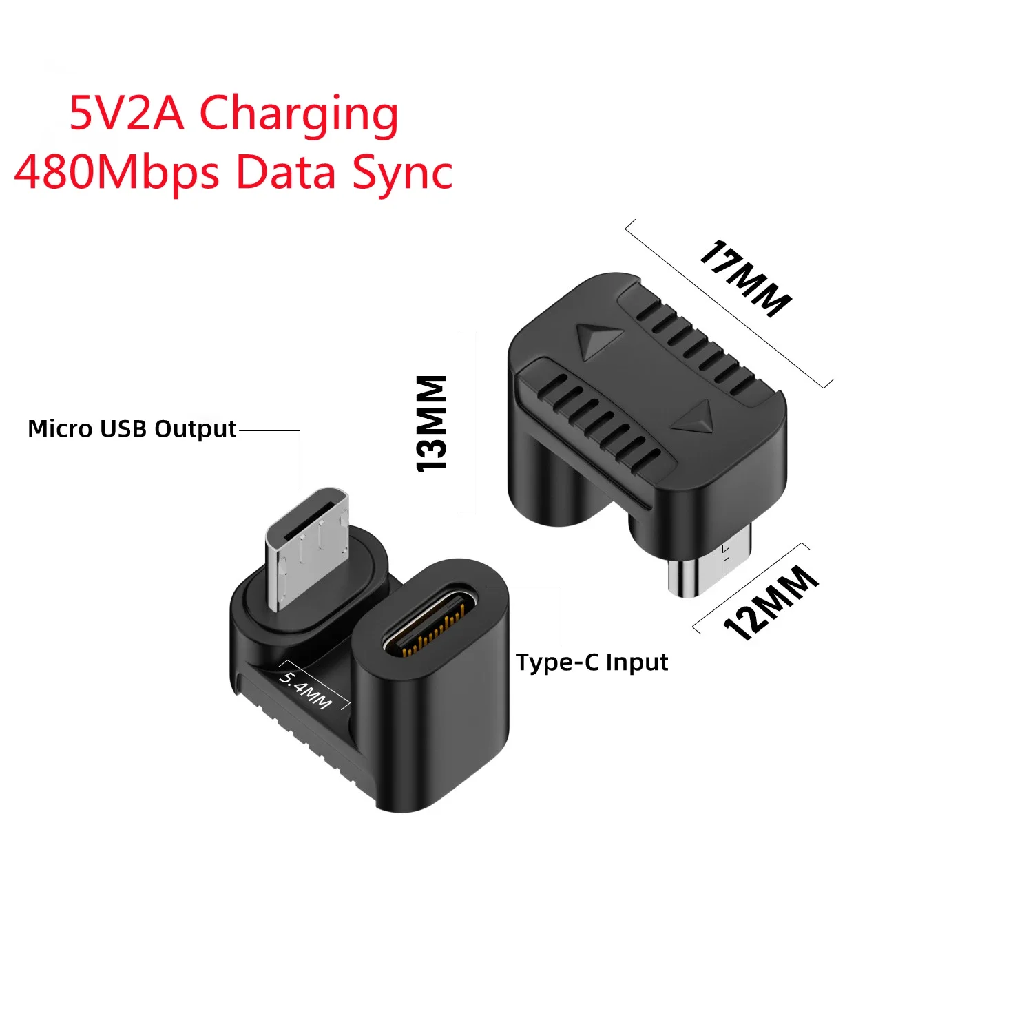 USB 2.0 Typ-C-Buchse auf Micro-USB-Stecker, 90 Grad links/rechts abgewinkelt, U-Form, 5V2A-Ladeanschluss für Android-Handys und Tablets