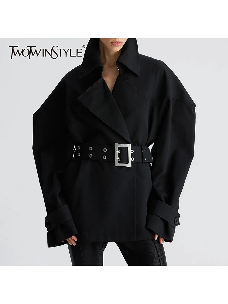 TWOTWINSTYLE Solid Spliced Waist Strap Loose Jacket for Women Lapel Collar Long Sleeve Patchwork Button Jackets Female Fashion