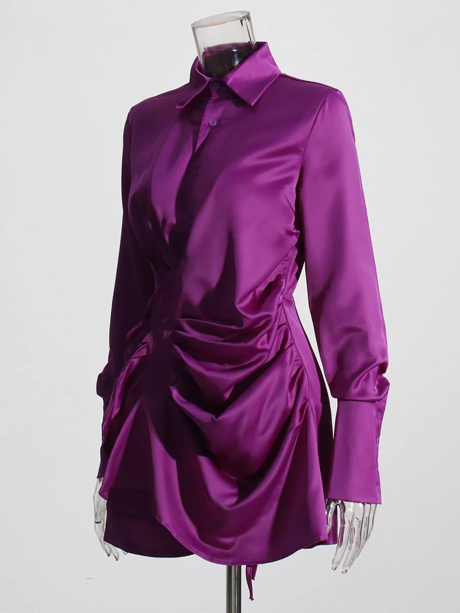 VGH الصلبة المرقعة الدانتيل يصل التخسيس طيات فستان للنساء التلبيب كم طويل عالية الخصر مزاجه فساتين أنثى موضة جديدة