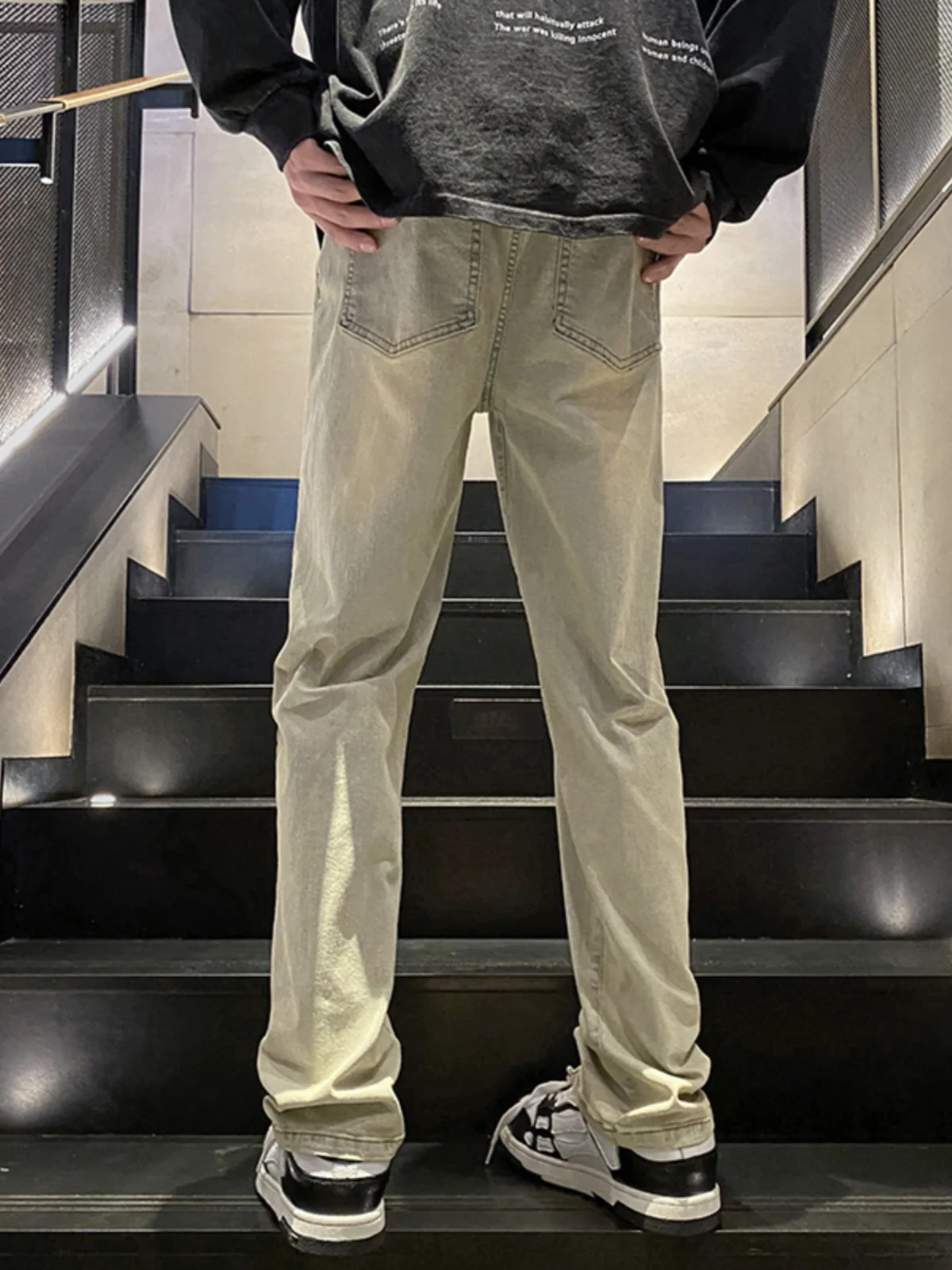 

Retro American Sle Men's Jeans Yellow Mud Color High Waist Flared Long Pants Autumn Faion Street Sle Straight Tube Jeans