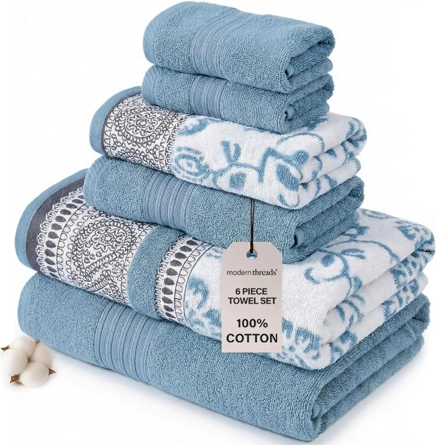 

6-Piece Cotton Towel Set: 2 Bath, 2 Hand, 2 Washcloths - Ultra Soft & Absorbent, Oeko-Tex Certified