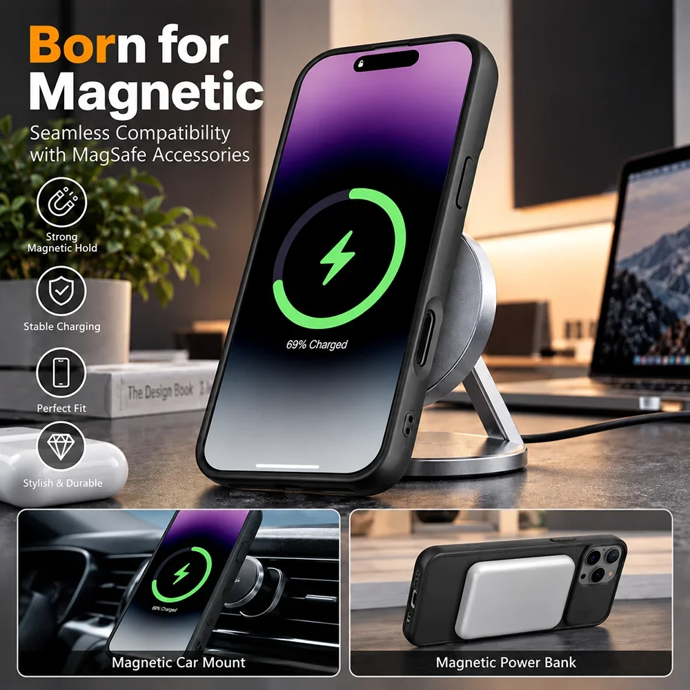 Funda MagSafe de fibra de carbono forjada para iPhone 18, 17, 16, 15, 14 Pro Max, con textura multicolor y cubierta de silicona resistente a los golpes y a los arañazos.