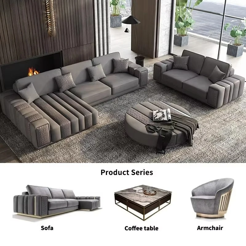 High-end Living Room Furniture Set/Italian Luxury Villa L-shaped Sectional Couch Leather Fabric Corner Sofas Module Combination