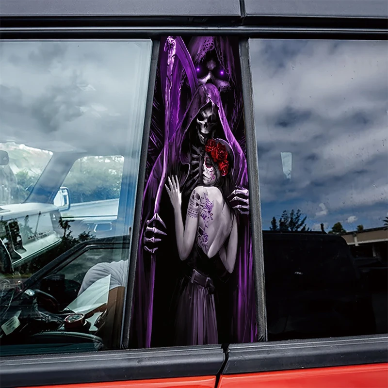 

2pcs Car Center Pillar Window Film Grim Reaper Embracing Sugar Skull Woman Glossy protective polyethylene film