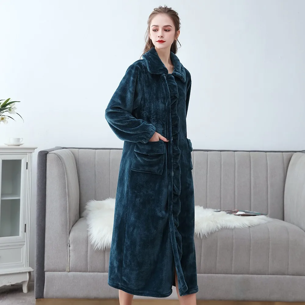 

Women's Winter Night Coat Solid Single Breasted Thick Long Sleeve Ladies Bathrobe Pockets Ruffles Soft Flannel Sleepwear Female