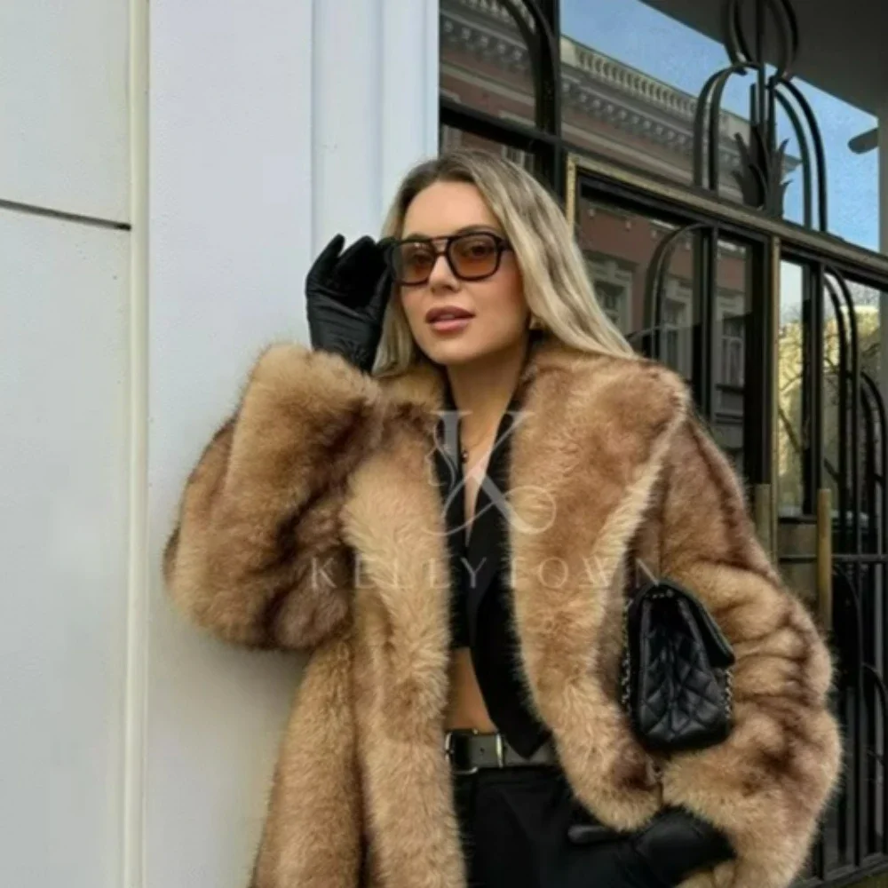 Women Faux Fur Coat Plush Overcoat Turn-Down Collar Open Front Full Pelt Flare Sleeve Thick Warm Winter Outerwear пальто женское