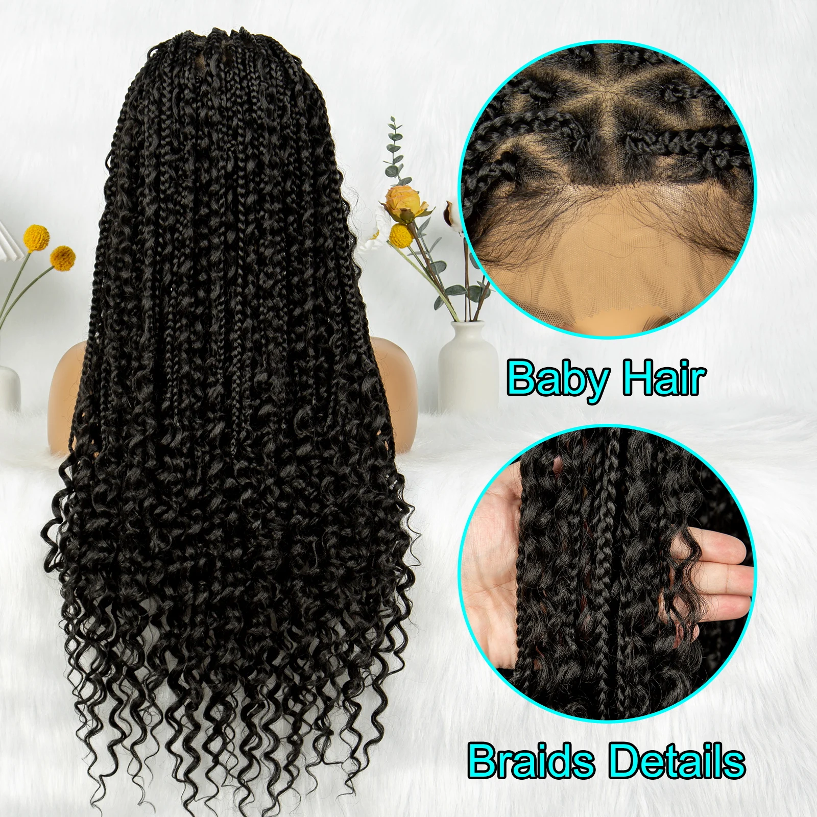 Kima Boho Braided Wig Synthetic Full Lace Wigs Triangle Box Braids Wig Goddess Braids Curly End with Baby Hair