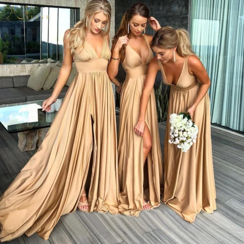 

Amazon evening dress2025New Champagne Color Satin DeepVElegant Bridesmaid AttireAWedding Party Dress for Women