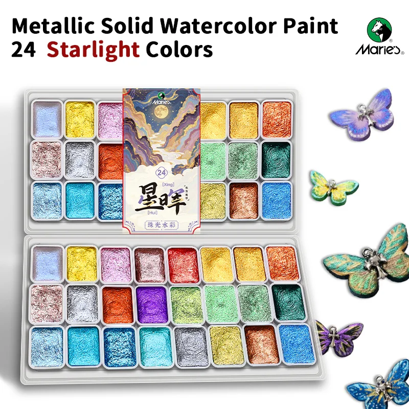 Marie's 24 Starlight Colors Funkelnde Perlglanz-Aquarellfarben-Set, Metallic Flash Starry Color Kit zum Malen, Schreiben