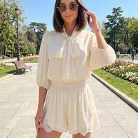 Women's Elegant Bow Lace-Up Jumpsuit Summer Female Chic Trim Romper Lady Casual Lantern Short Sleeve Beach Holiday Bodysuit - Image 4