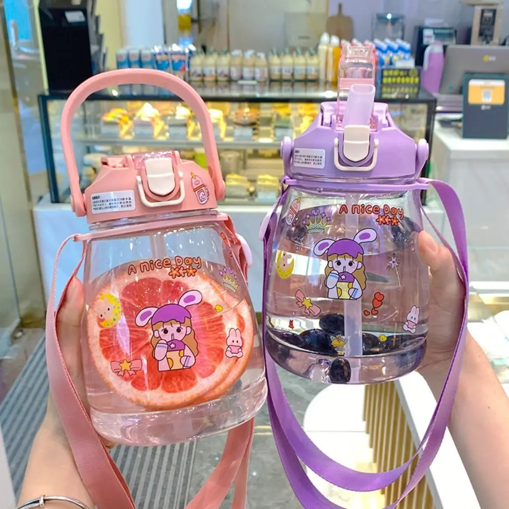 

with Straw Water Bottle with Straw Big Belly Cup Korean Style Transparent Water Bottle Fashion Colorful Large-Capacity Water Cup