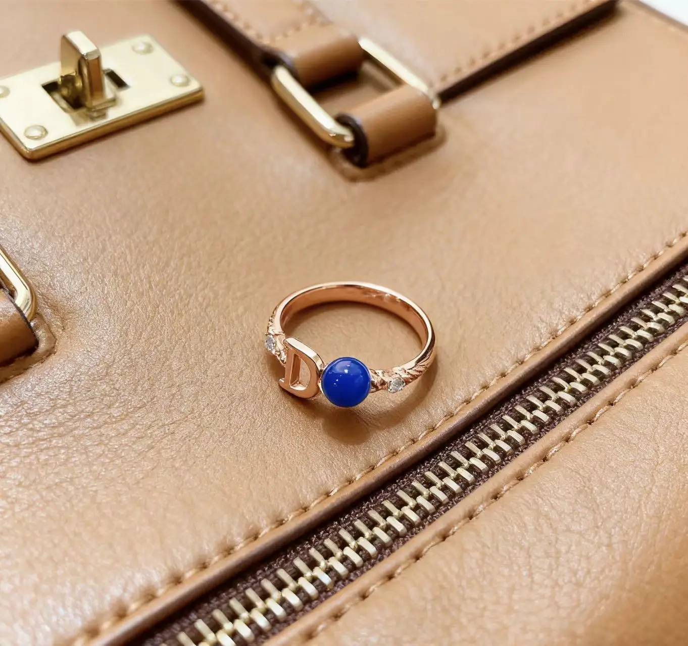 

D-Shape Adjustable Ring Sterling Silver Rose Gold Plated with Blue Amber 5mm & Zircon Gift for Her Valentine Love Jewelry