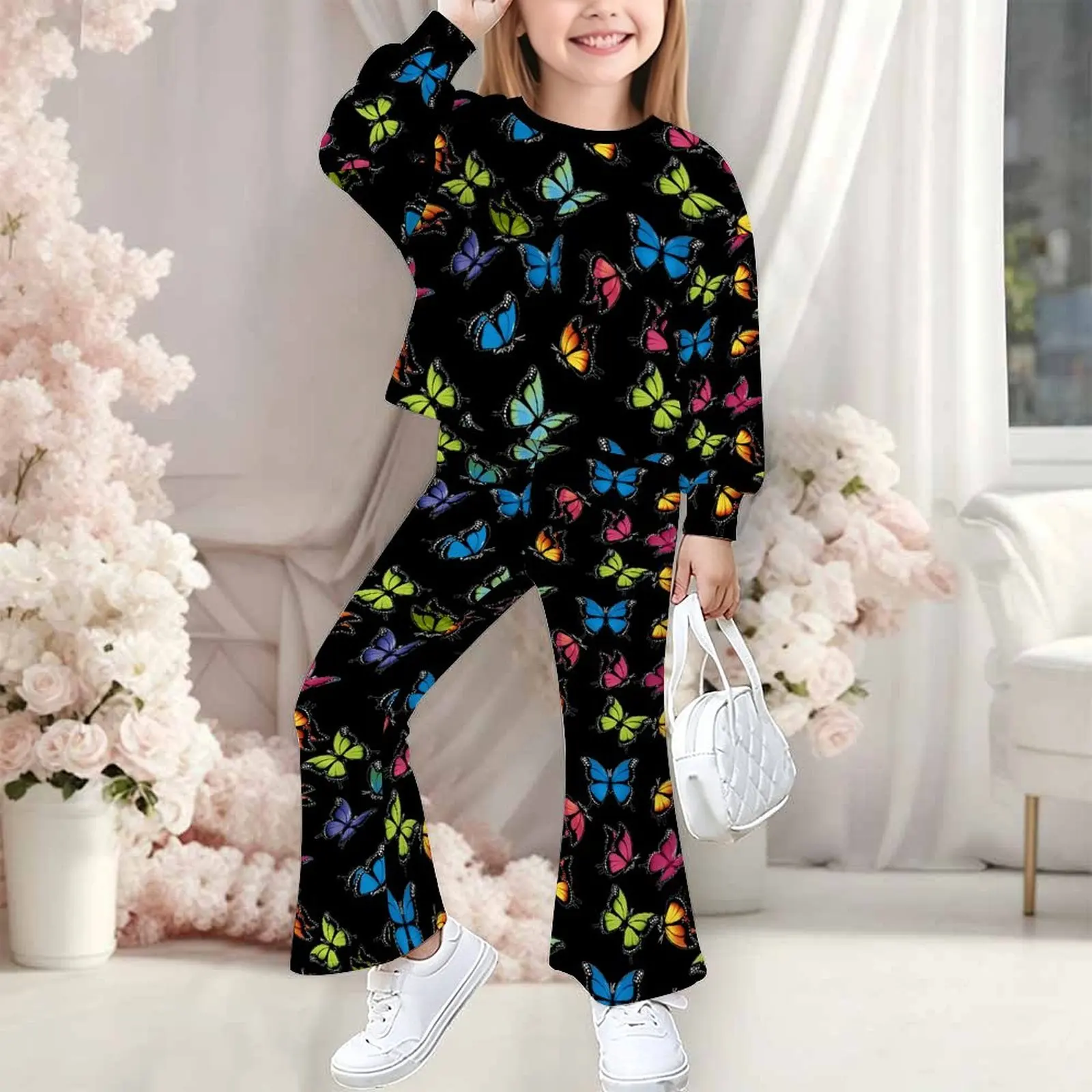 Print Bell-bottomed Pants Casual Top Fashion Trousers Autumn Sweatshirt Set Winter Girl's Round-Neck Long Sleeve Cute Two-Piece