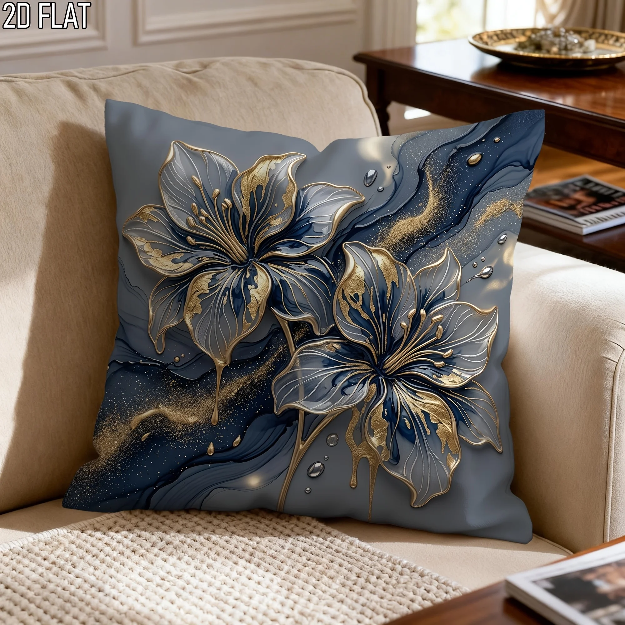 Luxury Blue Gold Lily Floral Print Throw Pillow Cover, Marble Fluid Art Style Decorative Cushion for Living Room Bedroom Sofa