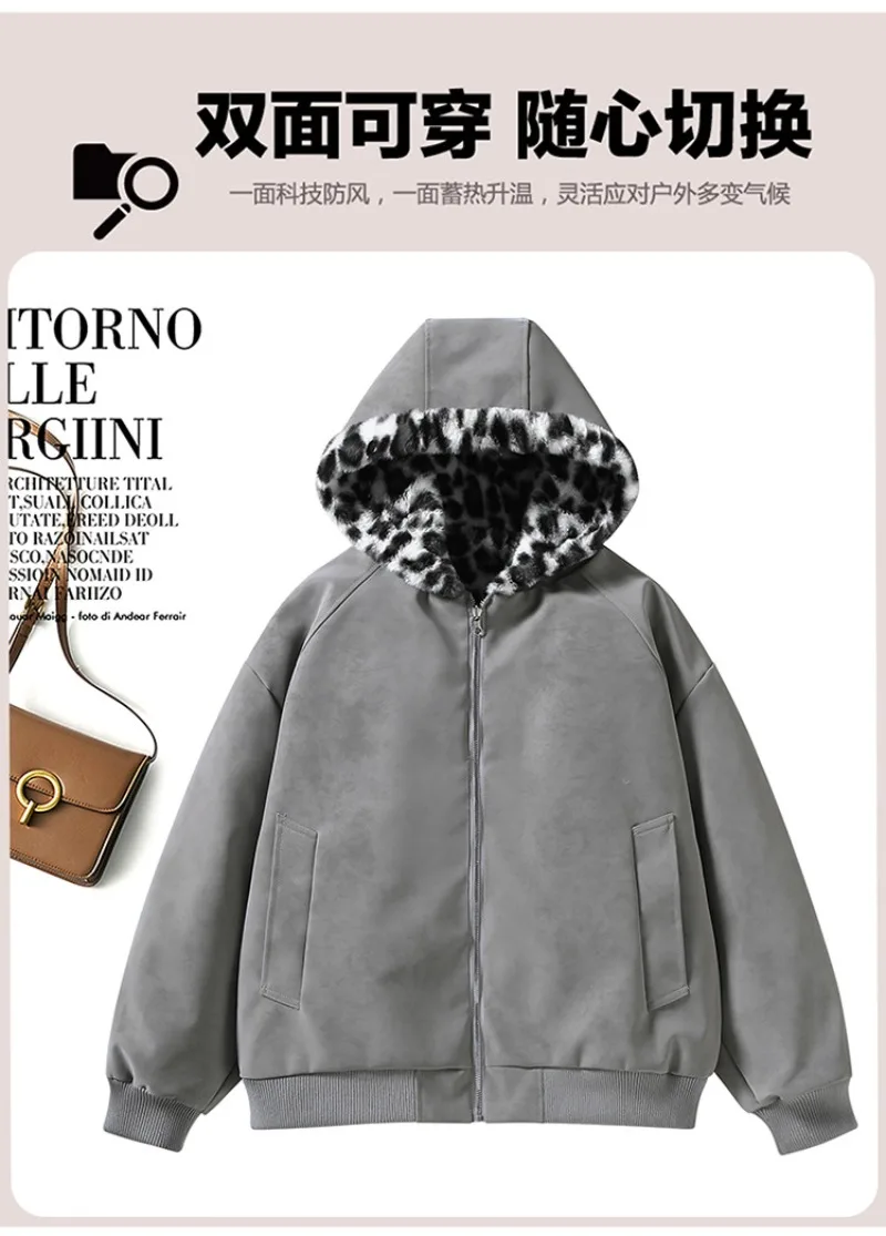 Women Double-sided Penetration Leopard Print Cotton Padded Jacket Winter Coat Parkas Velvet Warm Hooded Retro Female Outerwear