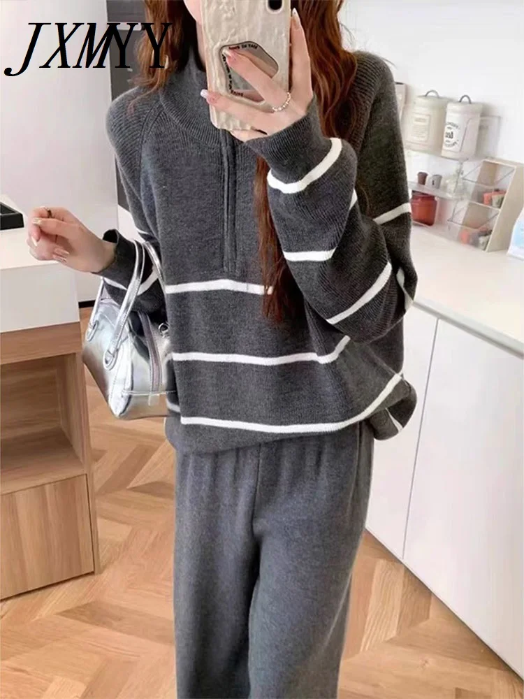 Women\'s Striped Stand Collar Sweater Set, Elegant Knitwear, Casual Trousers, 2-Piece Set, Autumn and Winter, New, 2024