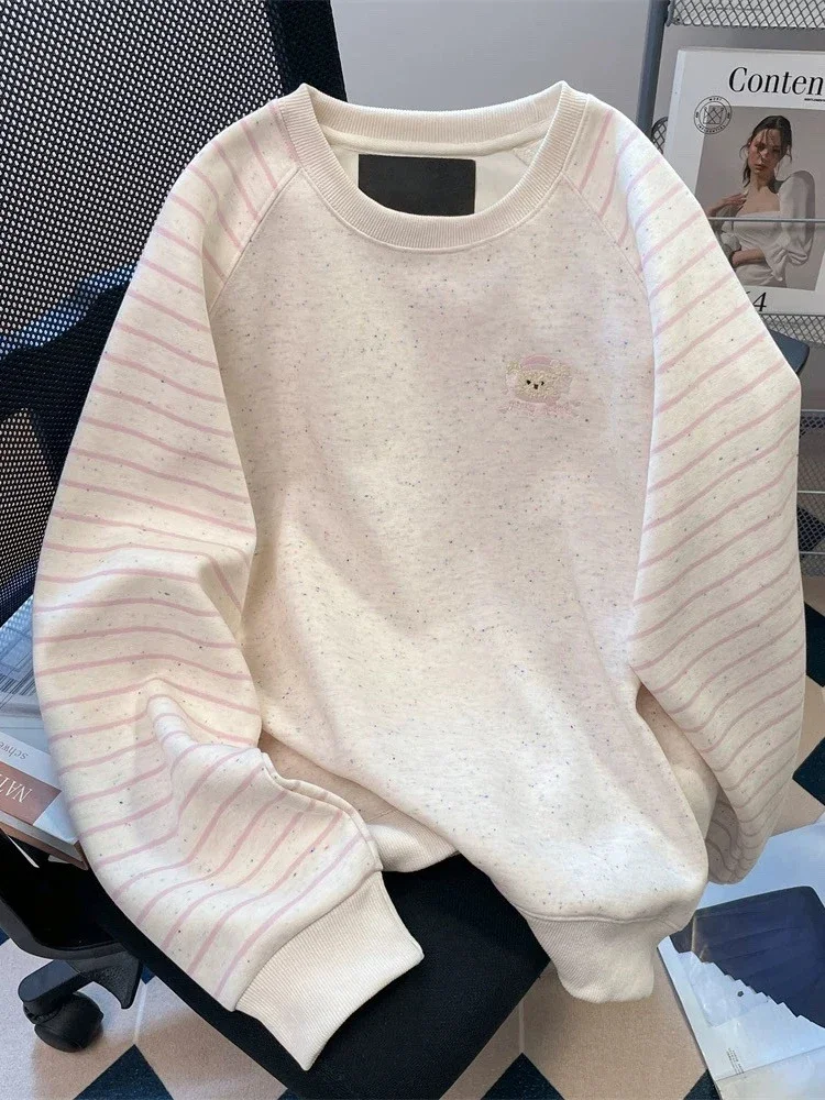 Fall Cute Striped Sweatshirt Women Sweet Dot Patchwork Loose Kawaii Pullover Casual O Neck Long Sleeve Preppy Style Fashion Tops