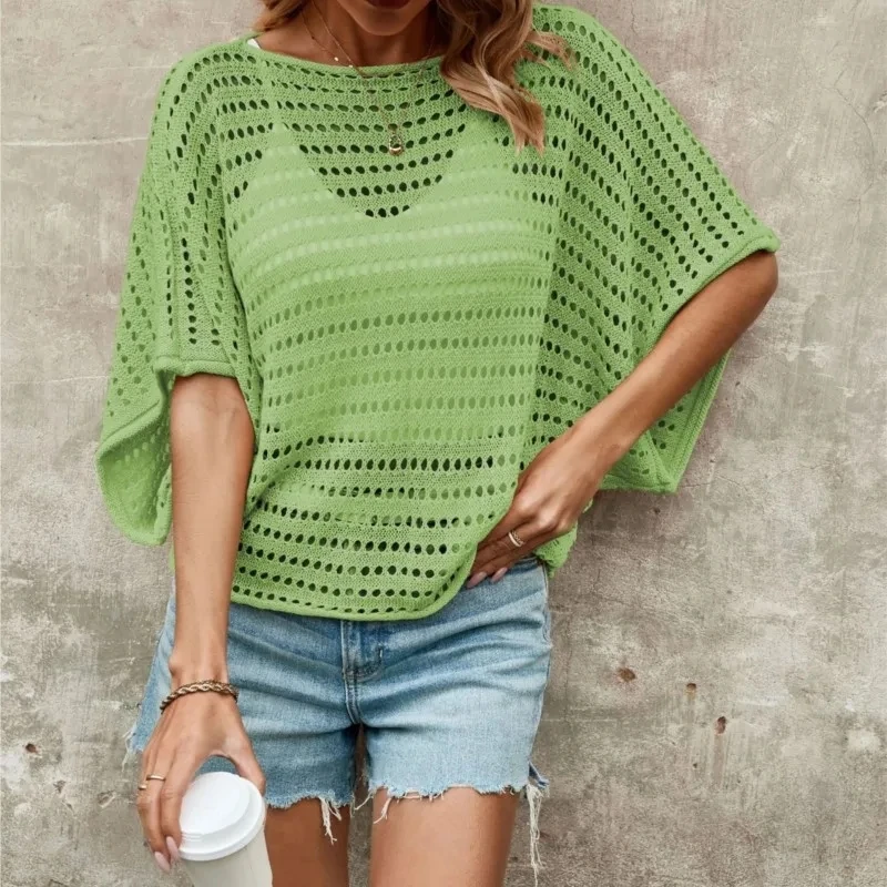 

Round Neck Hollowed Out Loose Knit Pullover For Women Versatile For Spring Summer Bat Sleeves Solid Color New Style Cover Up Top