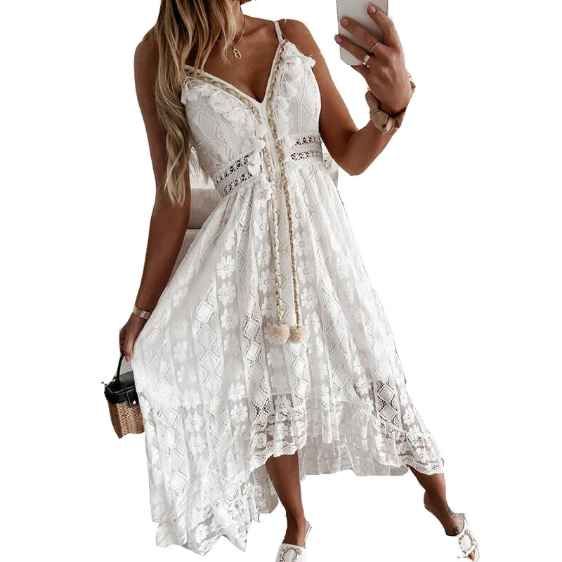 Summer New Lace Sling Big Swing Solid Color Long Skirt Dress Spring V-neck Sleeveless Beach Dresses Casual Chain Link Dress image 5