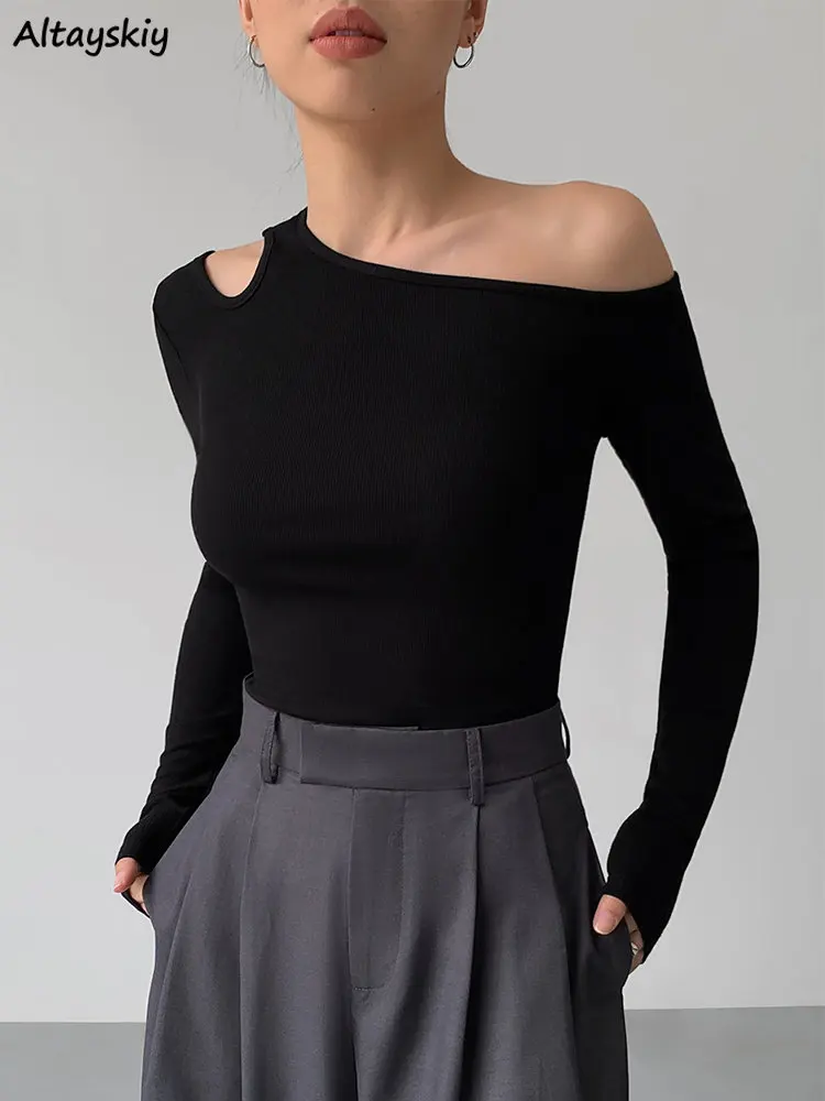 

Spring T-shirts Women Slim Black Simple Vintage Cozy Hollow Out Design Ladies Tops Long Sleeve Korean Tees OL Minimalist Solid