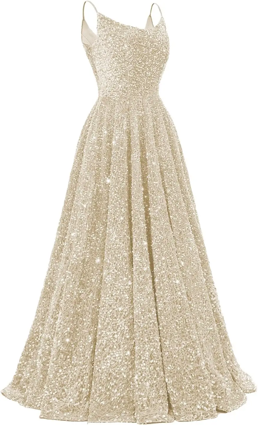

Spaghetti Straps A-Line Formal Evening Party Gown with Pockets Women Elegant Sequin Prom Dresses 2026 Long Sparkly Ball Gowns